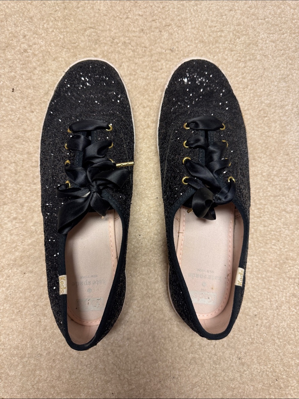 Keds x Kate Spade Champion Black Glitter Sneakers Satin Ribbon Laces